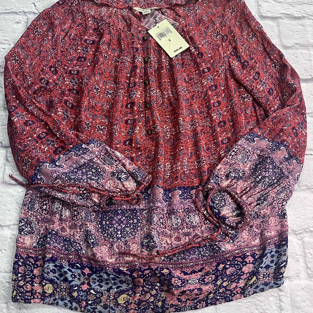Women’s Lucky Brand NWT Small Boho Peasant 3/4 Button Up Blouse Sheer Floral Top